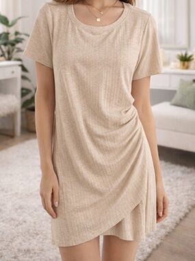 INC Ruched Dress Large Beige Ribbed Asymmetrical Hem Summer Casual Dress